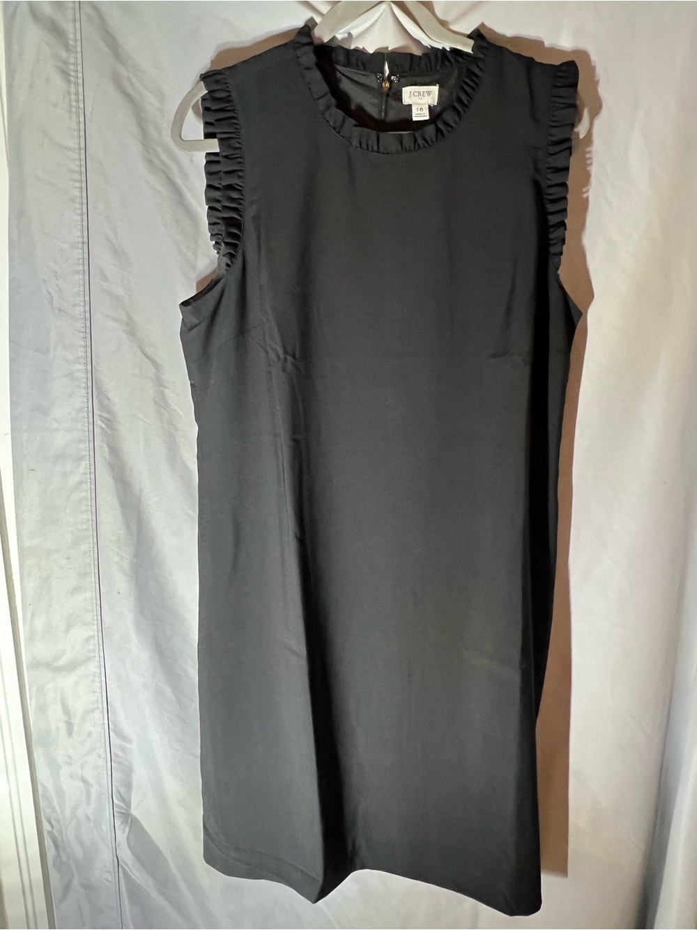 J. Crew Black Sleeveless Shift Dress with Ruffle Trim